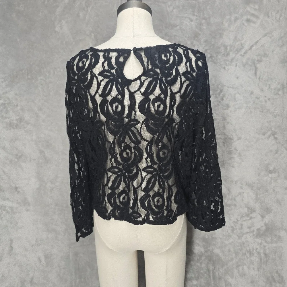 INC Sheer Lace Top Women XL Black Floral Bell Sleeve Goth Fairy Grunge Y2K Layer